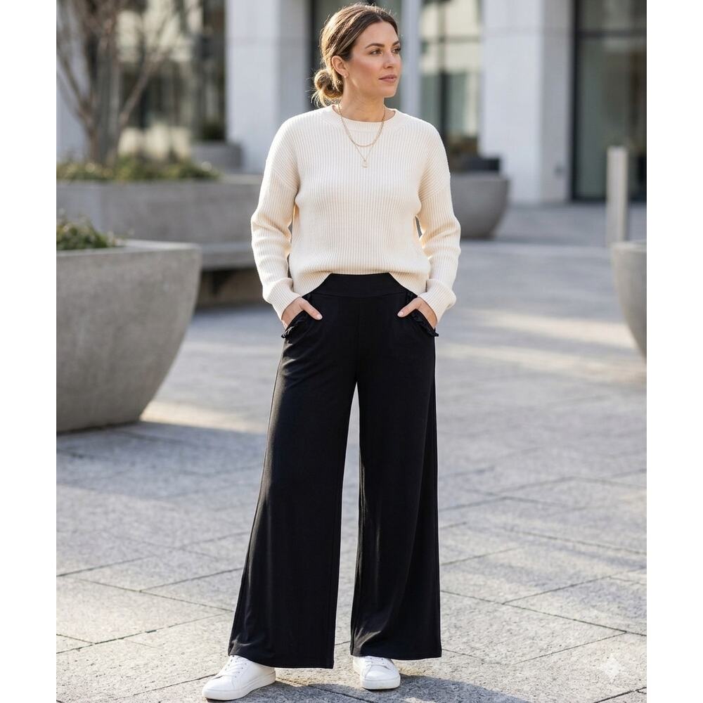 Gibsonlook Black Wide Leg Lounge Pants Ruffle Pocket EUC Work-To-Weekend M